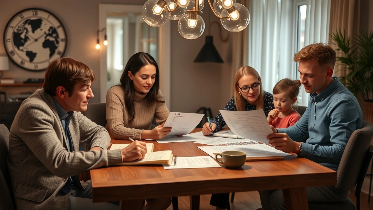 famille riche examinant ses documents fiscaux ensemble