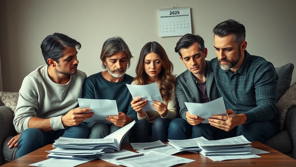 Une famille préoccupée examinant des factures dans un salon moderne.