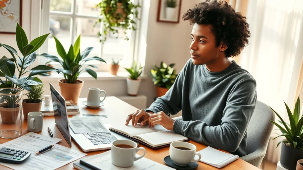 Une image illustrant une personne gérant son budget quotidien dans un bureau à domicile élégant.