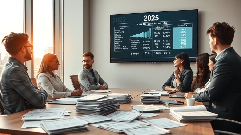Professionnels discutant des impots sur le revenu en 2025 dans un bureau moderne