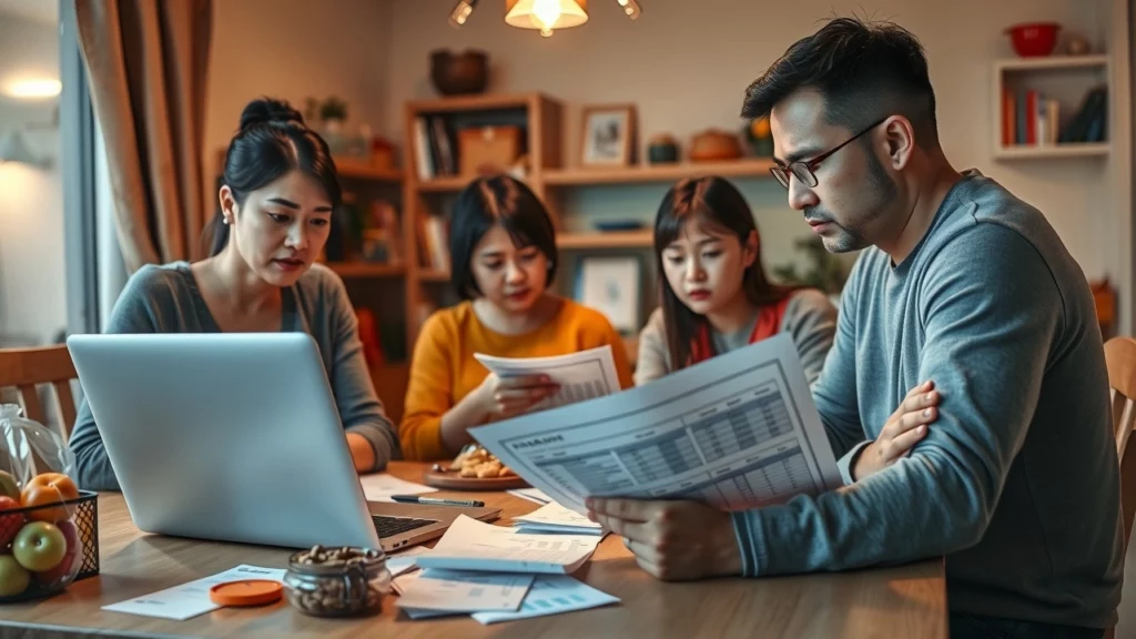 Une famille préoccupée examinant des factures autour d'une table, symbolisant l'impact du Budget 2025 sur le pouvoir d'achat.
