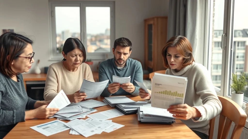 Illustration d'une famille examinant son budget face à l'augmentation des impôts locaux et des taxes énergétiques.