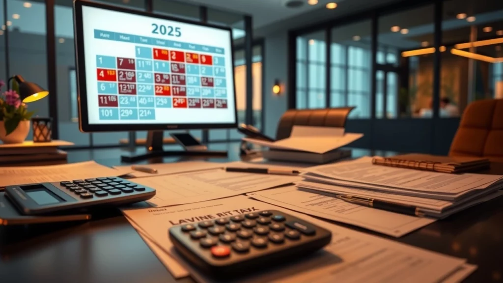 Illustration des impôts sur les revenus avec un bureau moderne et des documents financiers.