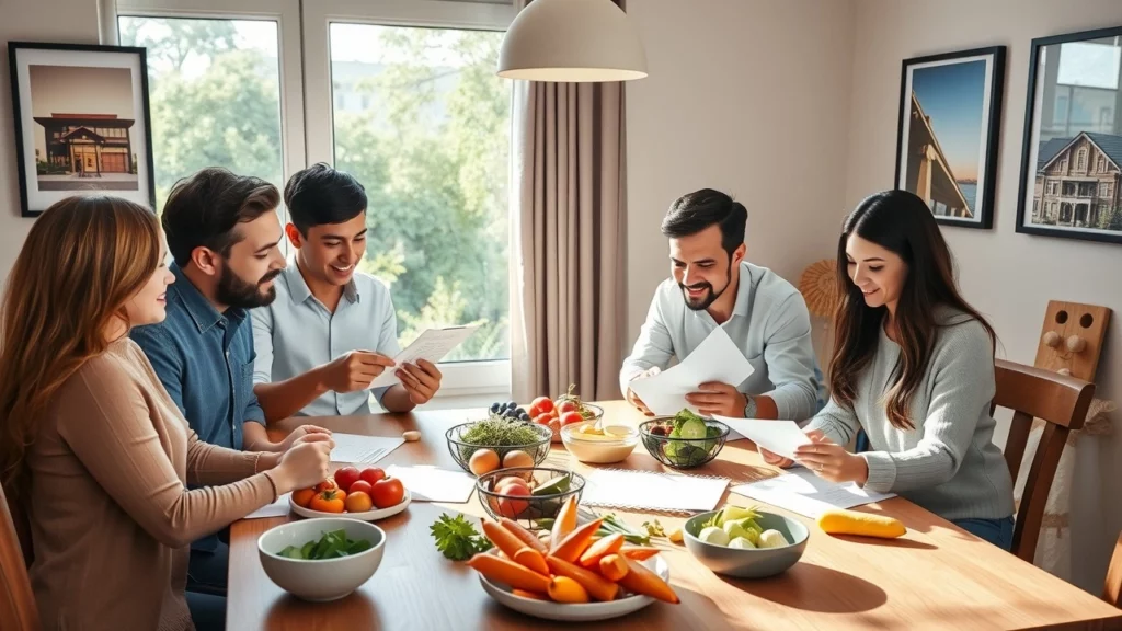 Une image montrant une famille discutant de stratégies fiscales autour d'une table, entourée de nourriture saine et de documents financiers.