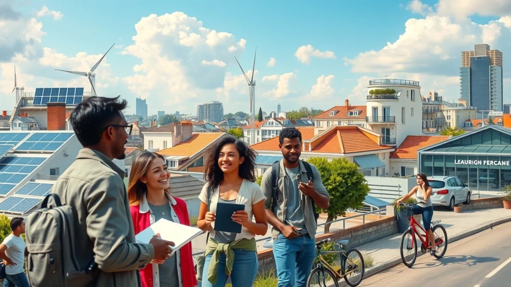 Une illustration d'une ville française moderne montrant des pratiques financières durables.