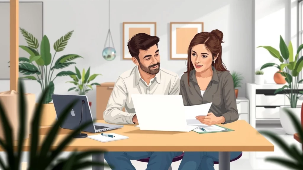 Une illustration d'un couple discutant de leurs finances dans un bureau moderne.