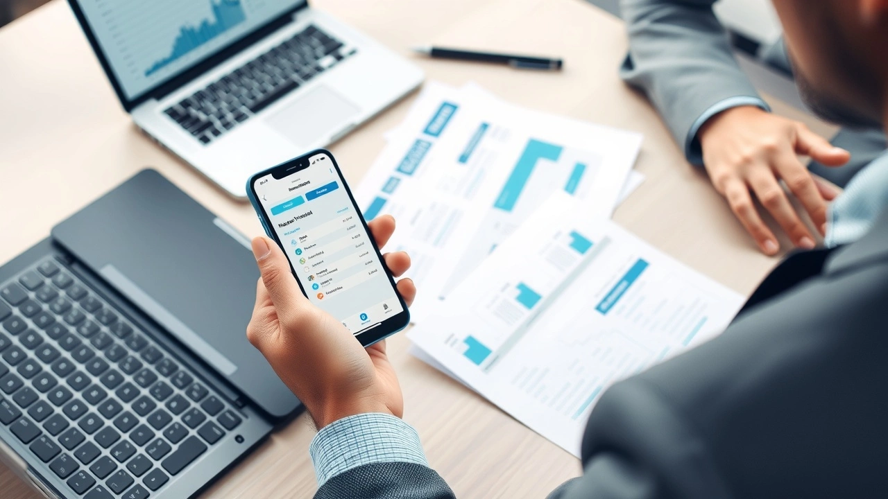 person utilisant une application de gestion financière sur un smartphone