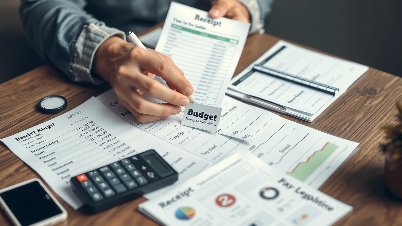 person gérant son budget avec des reçus et une calculatrice