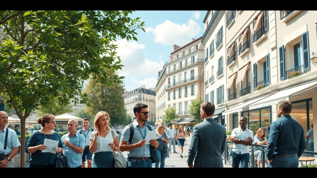 Scène animée d'une rue française en juillet 2025, avec des gens discutant de remboursements d'impôts.