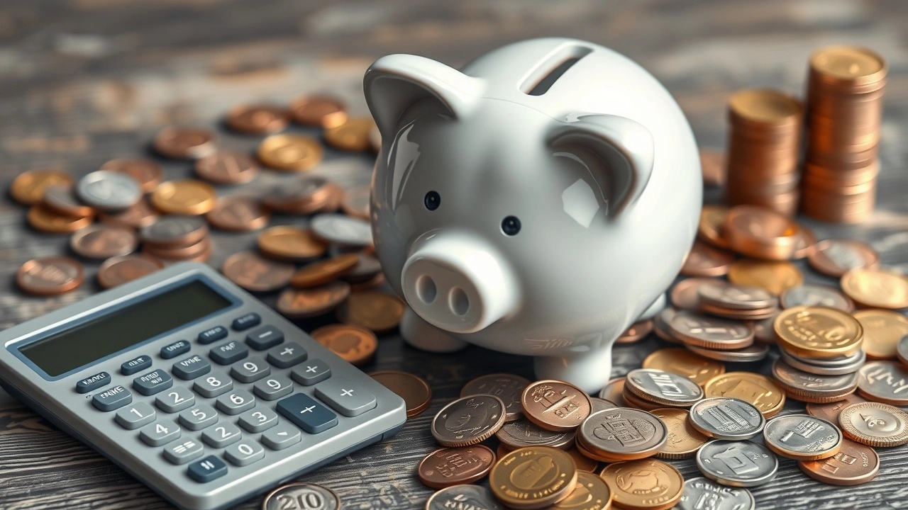 une tirelire avec des pièces et une calculatrice