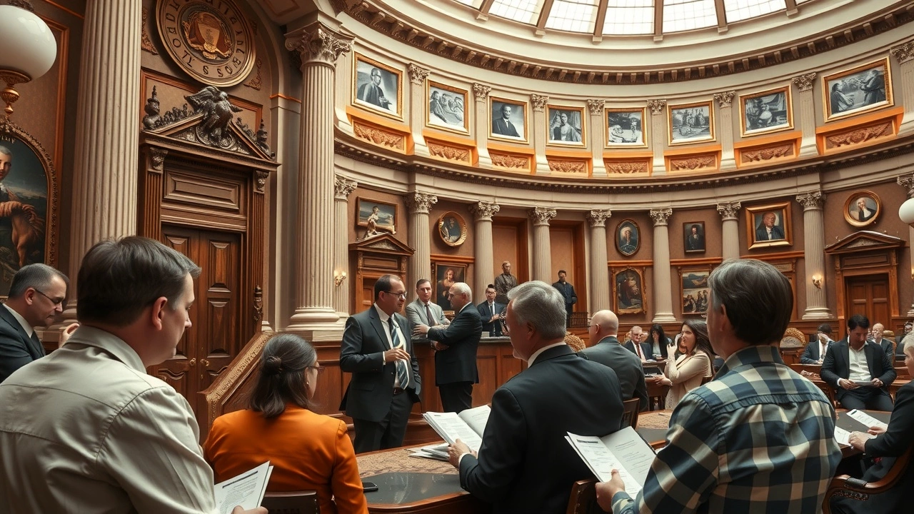photo d'un bâtiment gouvernemental avec des personnes discutant des mesures fiscales
