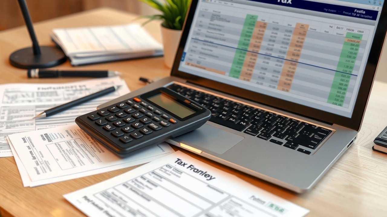 bureau avec formulaires fiscaux et un ordinateur