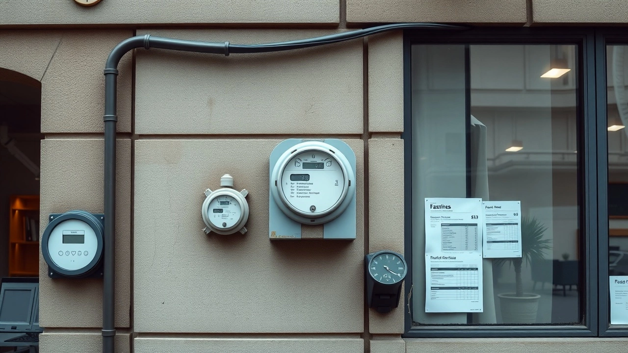 Bureau français avec compteurs d'énergie et papiers fiscaux