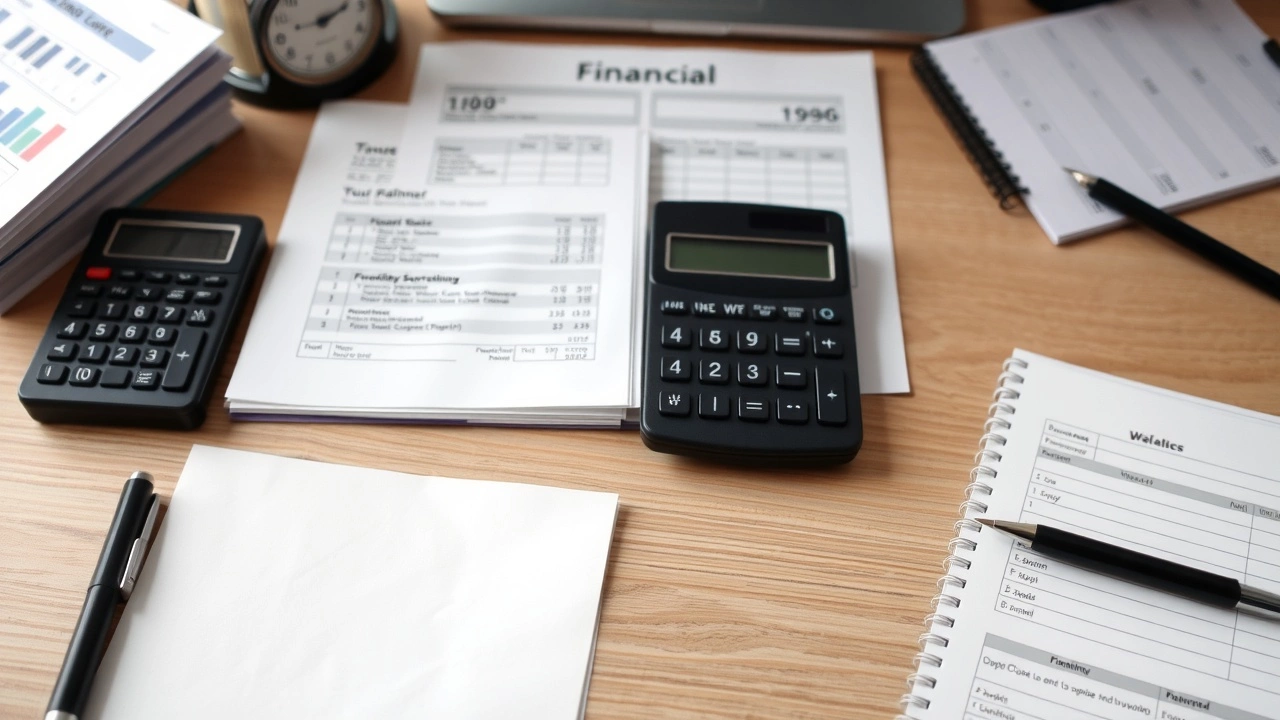 bureau bien organisé avec documents financiers et calculatrice