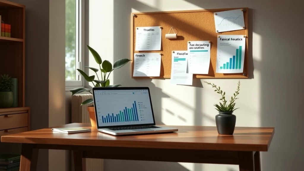 Bureau calme avec des graphiques financiers et un tableau de suivi.