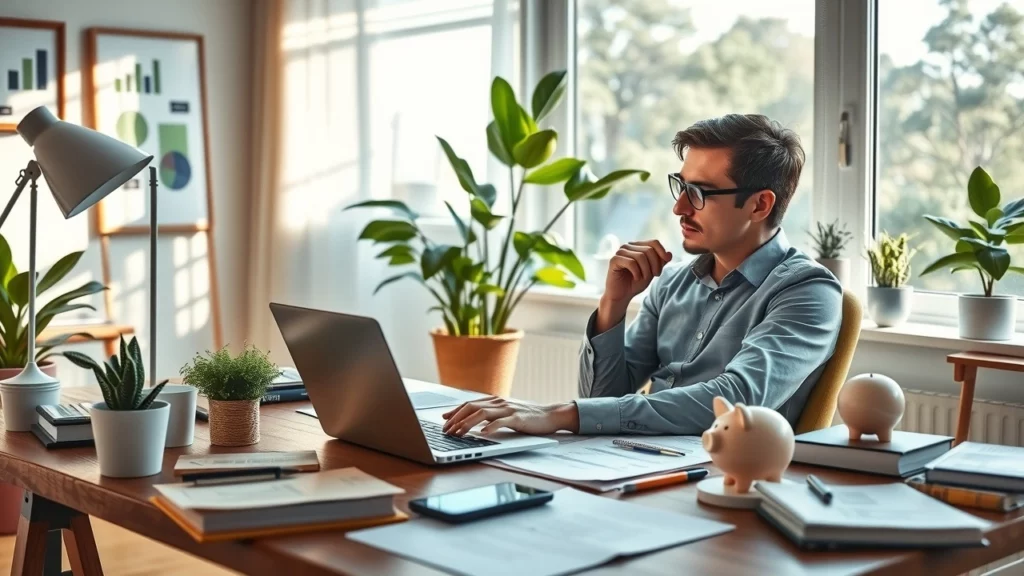 Une scène photoréaliste d'un bureau à domicile avec des outils financiers et une personne analysant son budget.