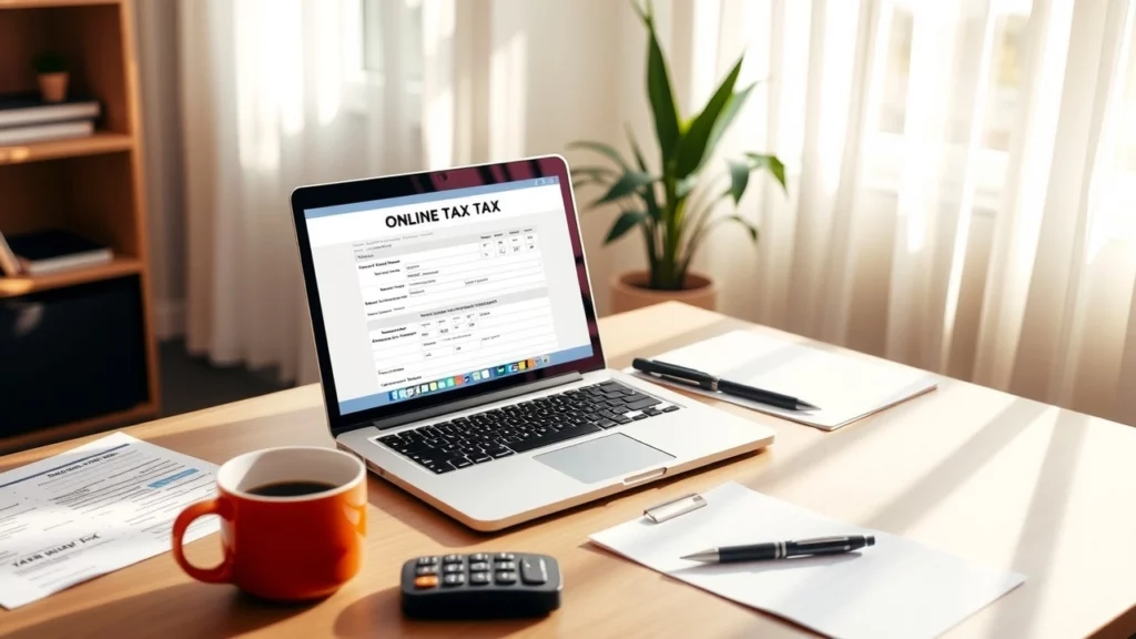 Bureau moderne avec ordinateur et documents fiscaux