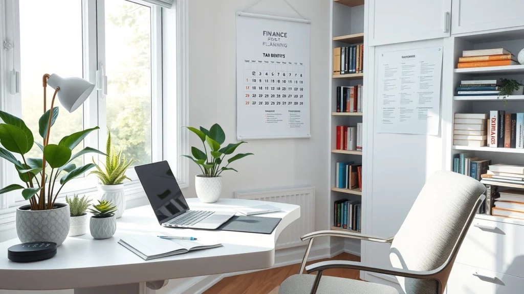Un bureau à domicile élégant et organisé qui reflète une atmosphère de planification financière intelligente.