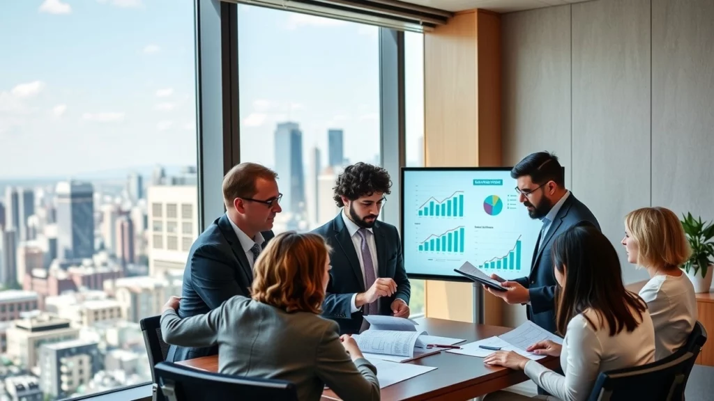 Un bureau professionnel avec des individus discutant des stratégies financières.