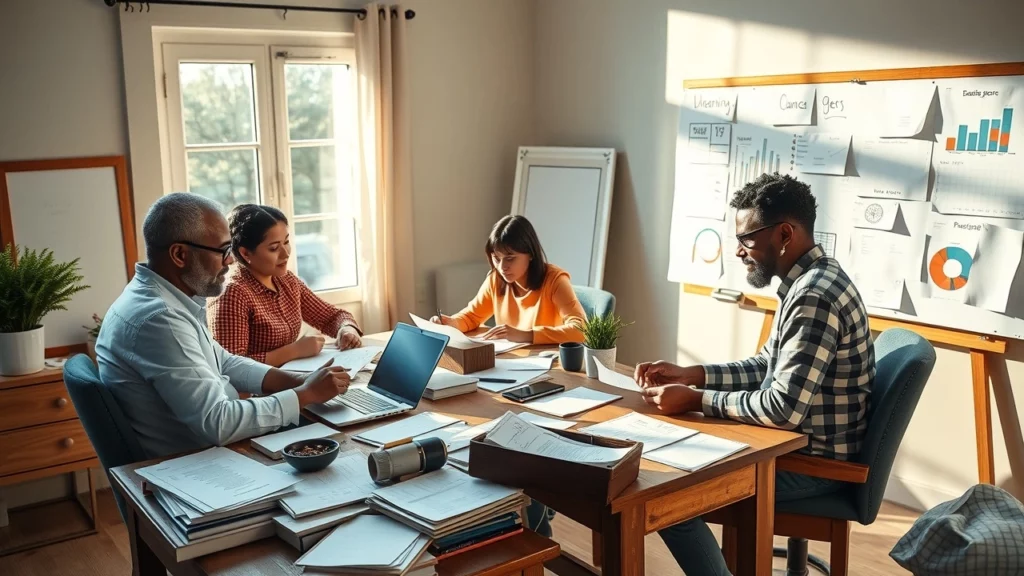 Une scène de bureau à domicile où des personnes planifient un budget personnel.
