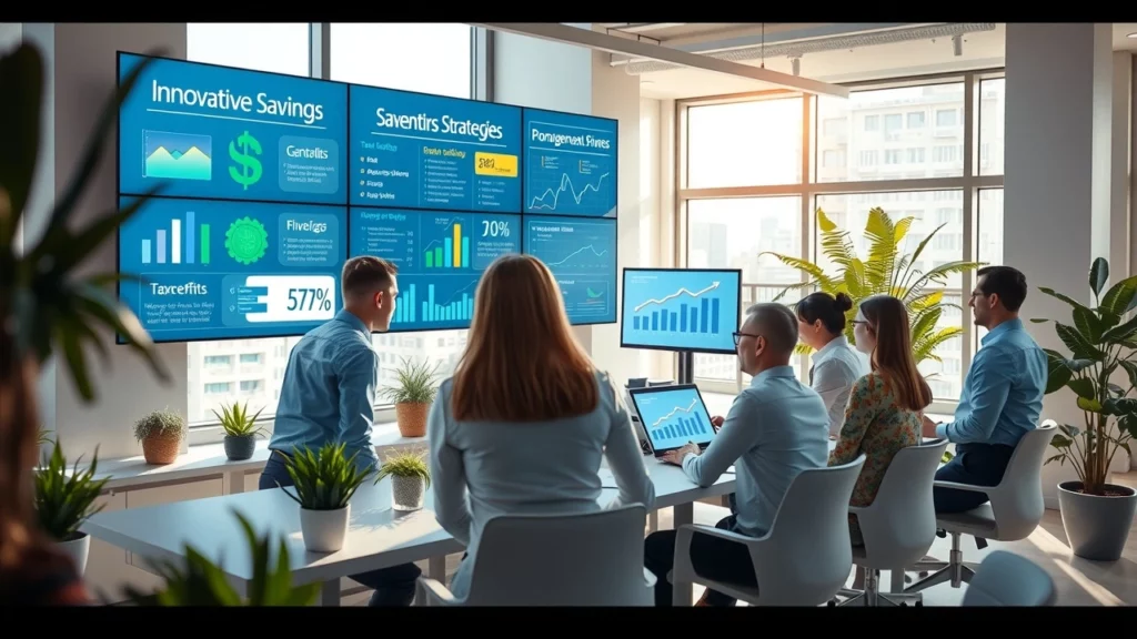 Un bureau financier moderne avec des professionnels discutant de stratégies d'épargne innovantes.