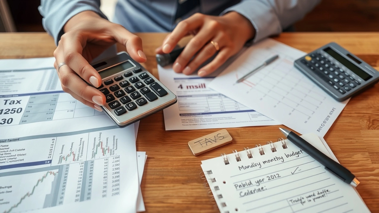 person calculant un budget mensuel avec documents fiscaux