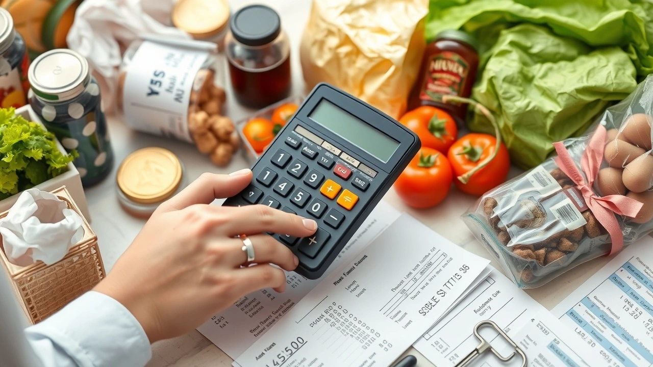 person utilisant une calculatrice avec des courses essentielles