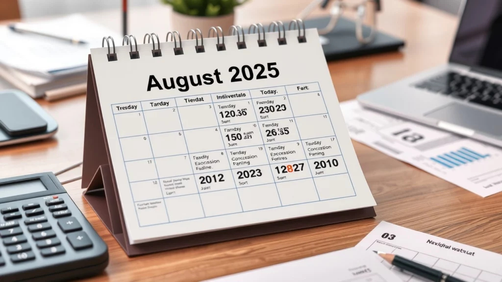 Calendrier d'août 2025 avec dates clés pour impôts
