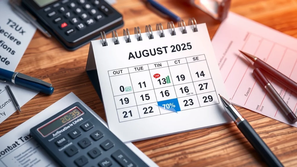 Calendrier fiscal d'août 2025 avec dates clés pour les déclarations fiscales.