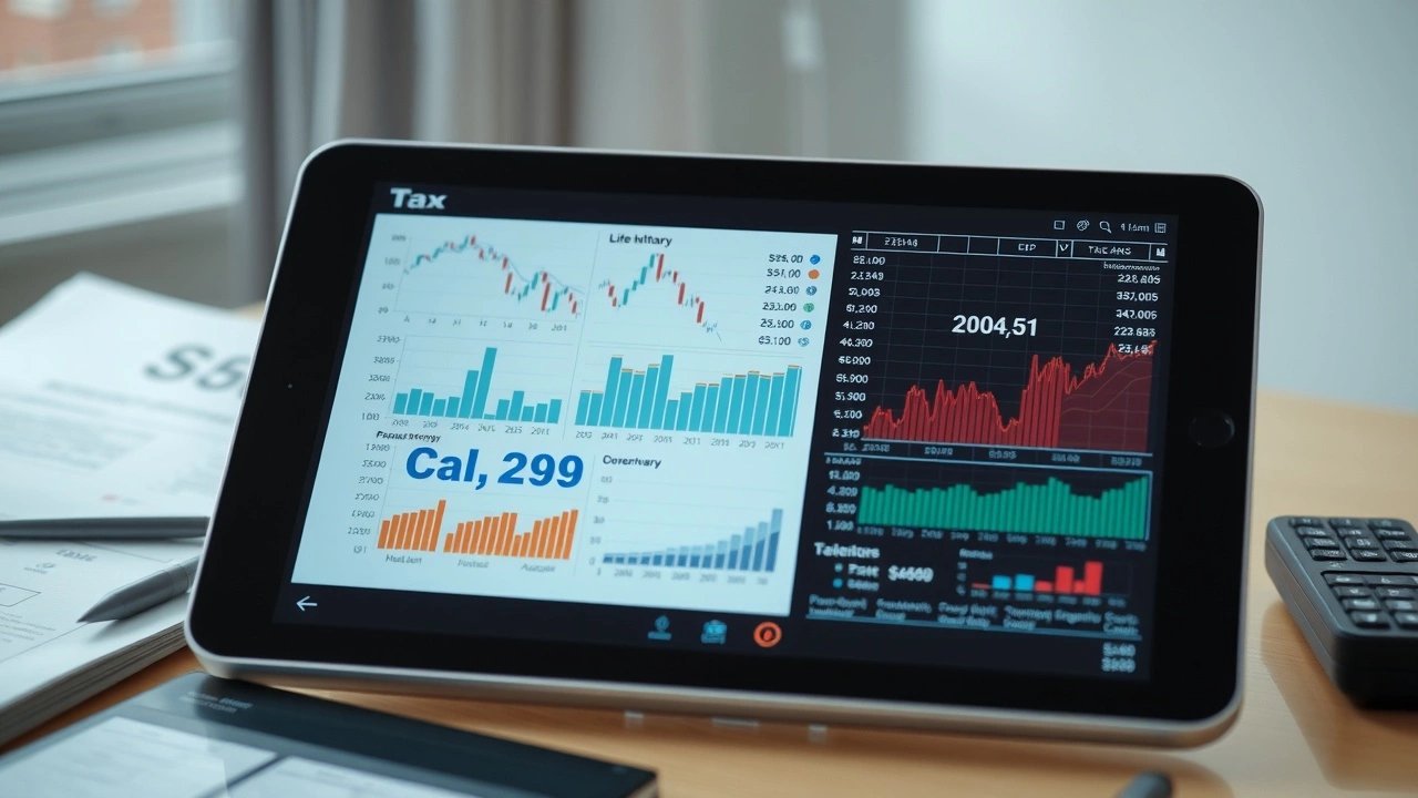 dispositif digital avec graphiques financiers et documents fiscaux