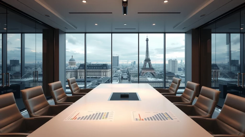 Image illustrant un environnement de bureau moderne en France, représentant le concept de nouveaux plafonds et modalités de contribution minimale de 20 % sur les hauts revenus.