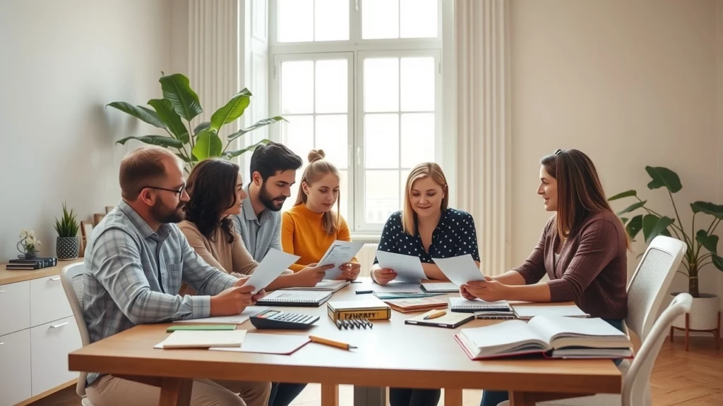 Image illustrant l'épargne et la consommation consciente, représentant une équipe travaillant sur des documents fiscaux.