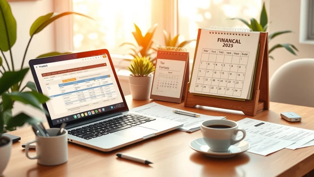 Un espace de travail financier serein avec un bureau bien organisé.