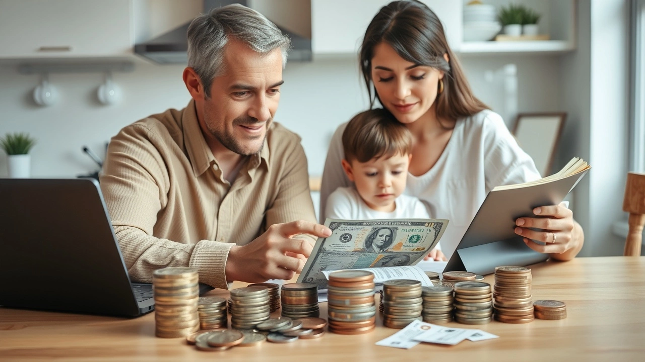 famille calcule son budget avec des billets et des pièces