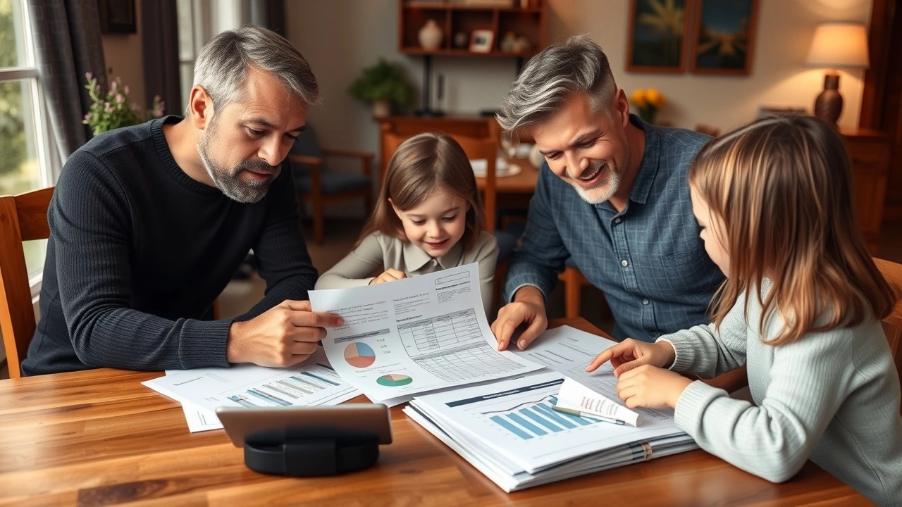 famille examinant des documents fiscaux à la maison