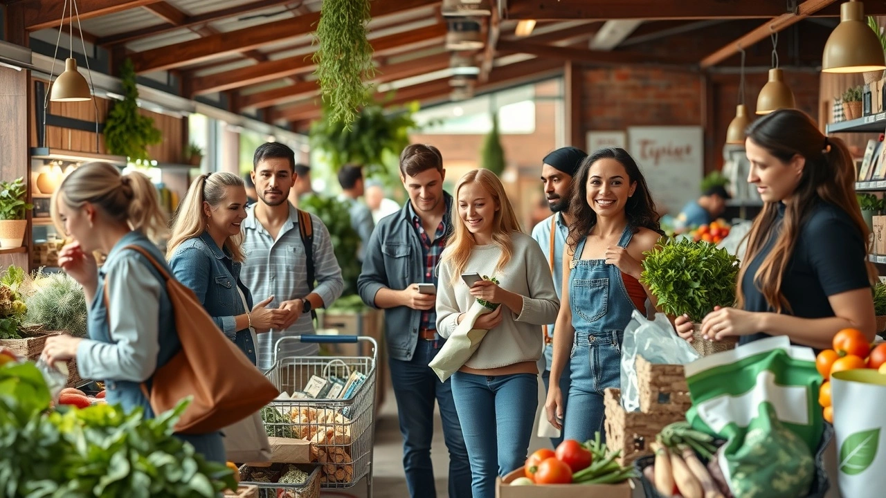 groupe de personnes achetant des produits durables au marché