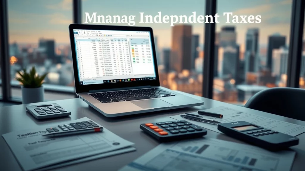 Une illustration de la fiscalité des indépendants avec un bureau moderne, un ordinateur portable et des documents fiscaux.