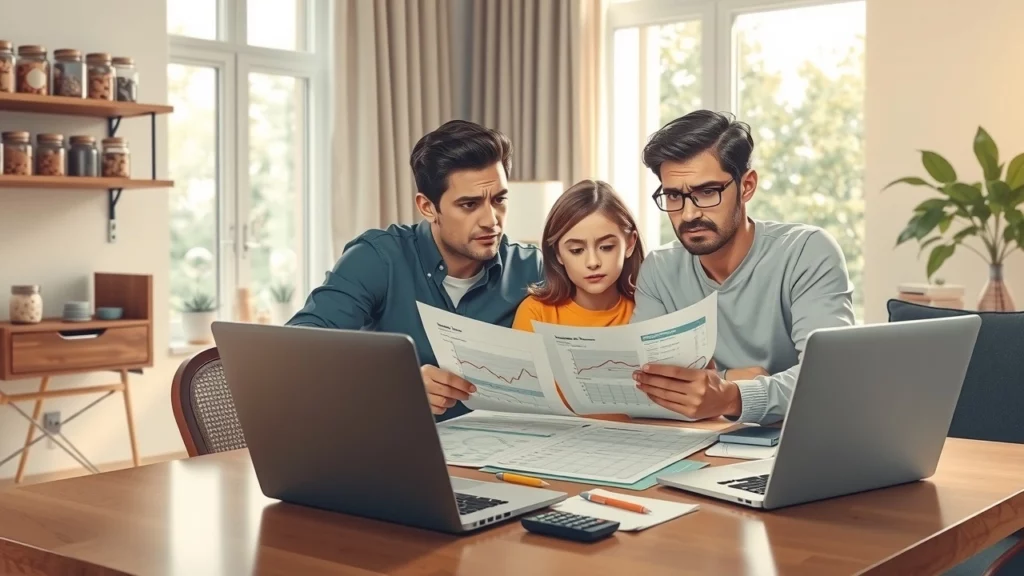 Une famille préoccupée examinant des documents financiers dans un salon moderne, illustrant les conséquences des taux d'intérêt en baisse.