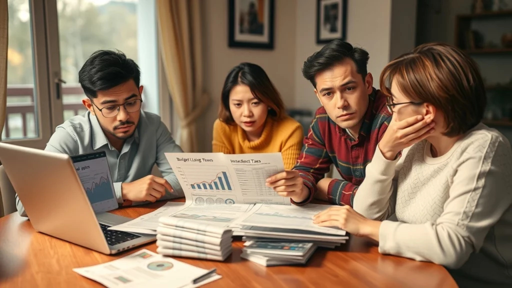 Une famille inquiète examinant des factures et des documents financiers.