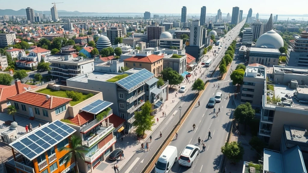 Une illustration photoréaliste d'une ville futuriste en 2024, montrant l'impact des changements climatiques sur la fiscalité personnelle.