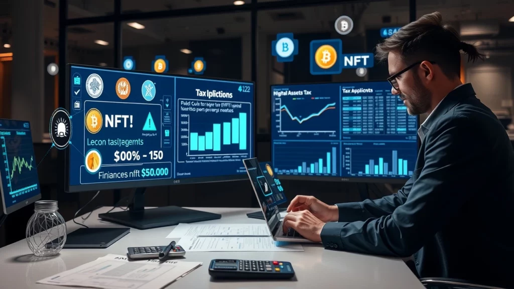 Une personne analyse des actifs numériques liés aux NFTs et à leurs implications fiscales.
