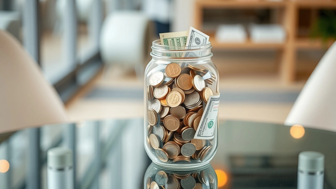 jar depargne avec pieces et billets sur table en verre