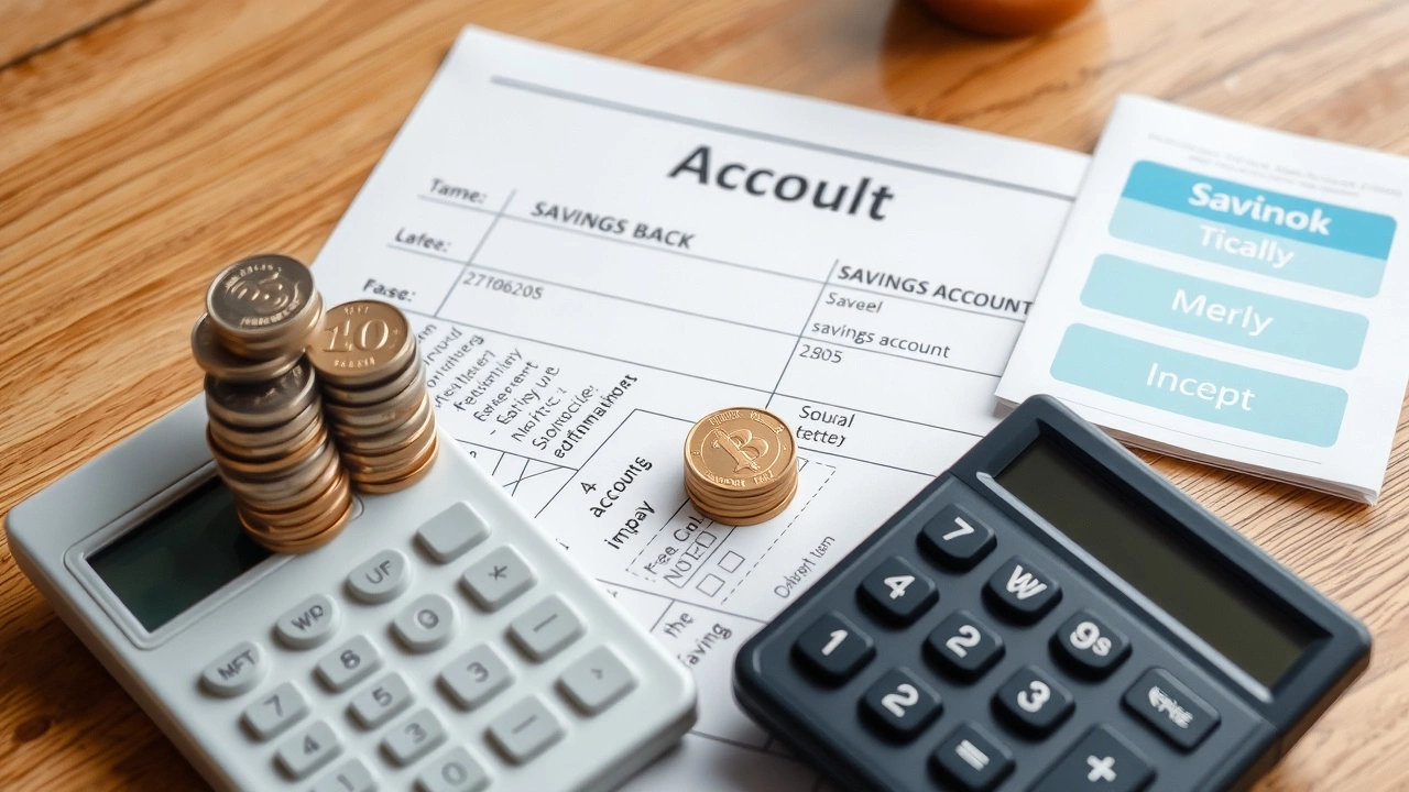 passbook with coins and calculator sur une table en bois