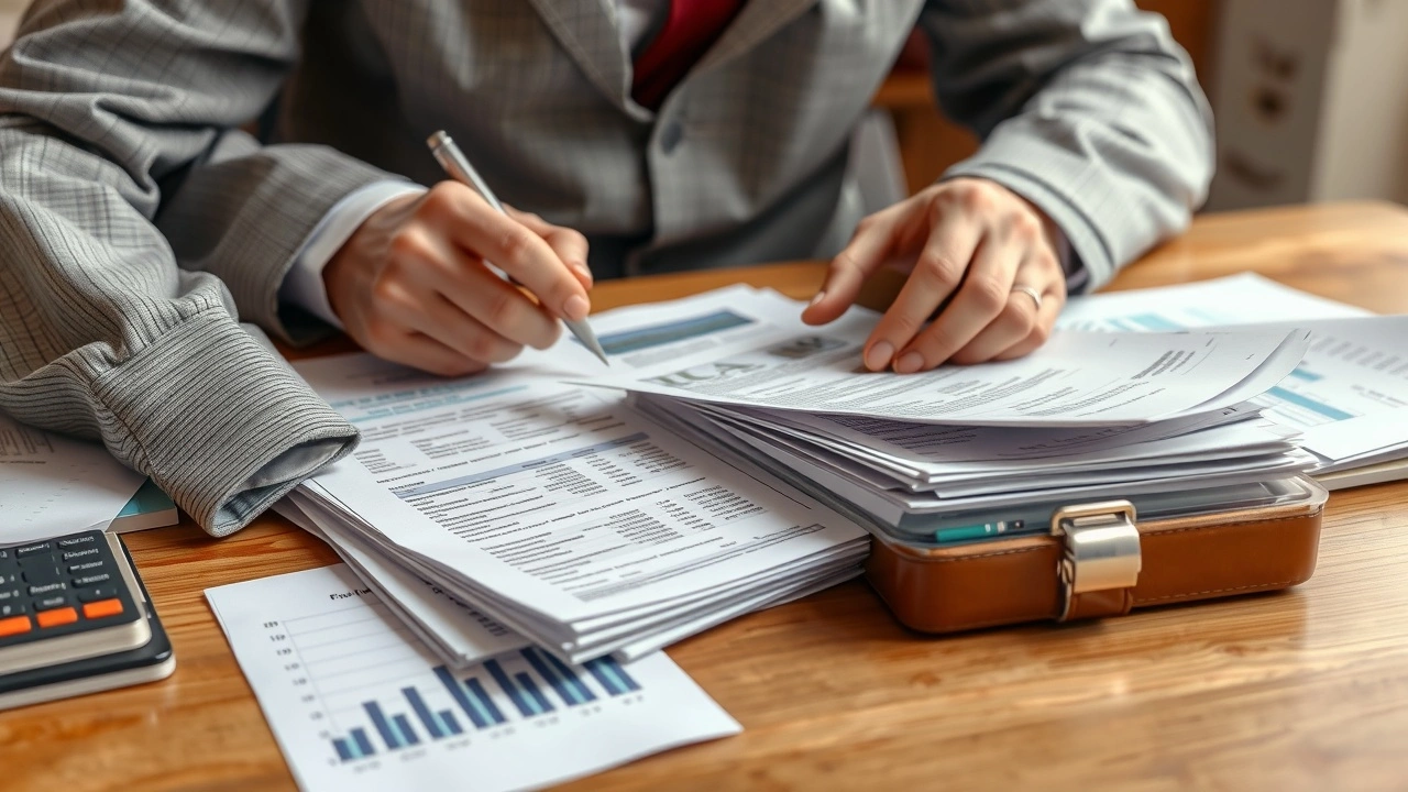 person organisant des documents financiers sur un bureau