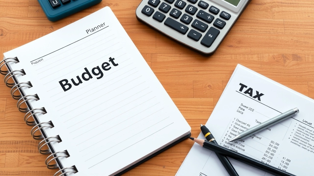 des documents fiscaux et un carnet sur un bureau en bois