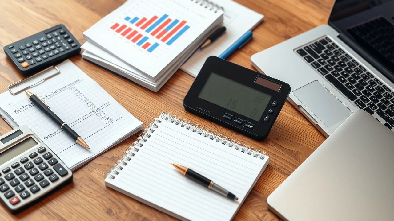 outils financiers sur un bureau en bois