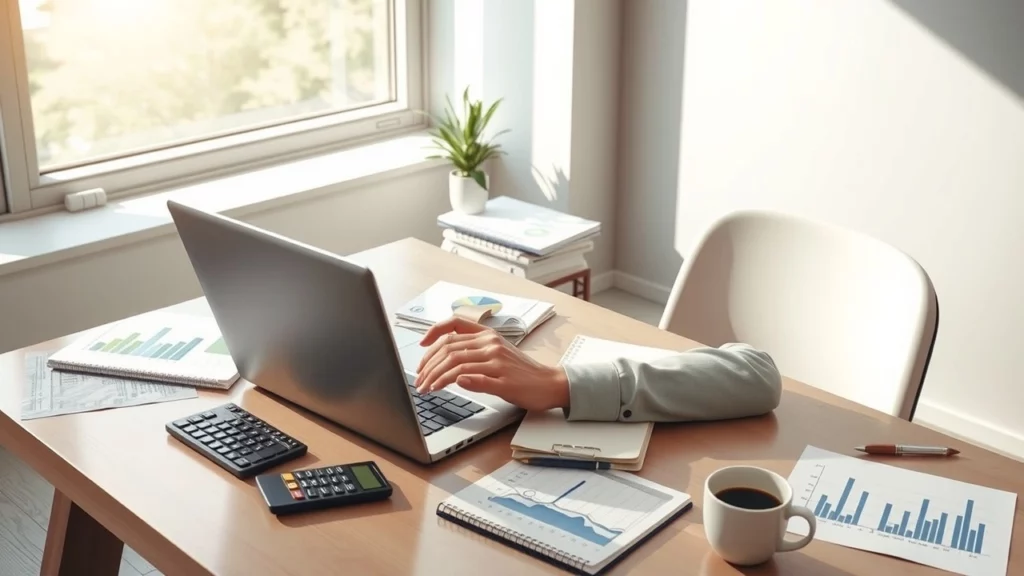 Person à un bureau moderne gérant un budget mensuel