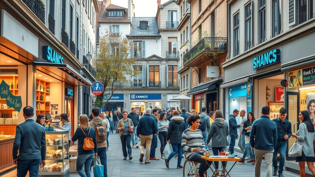 Une image illustrant une scène urbaine moderne en 2025 en France, montrant des gens actifs dans un environnement économique dynamique.