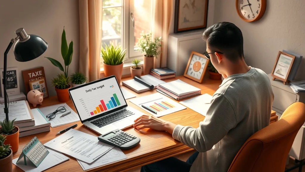 Une scène photoréaliste montrant une personne équilibrant son budget quotidien dans un bureau bien organisé.