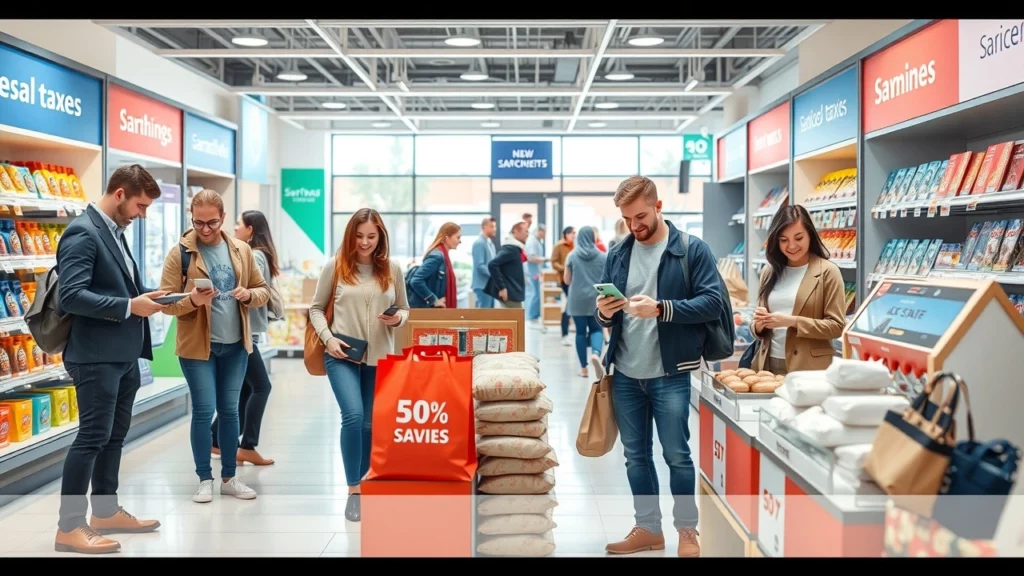 Une scène commerciale moderne illustrant des stratégies d'épargne fiscale lors des achats.